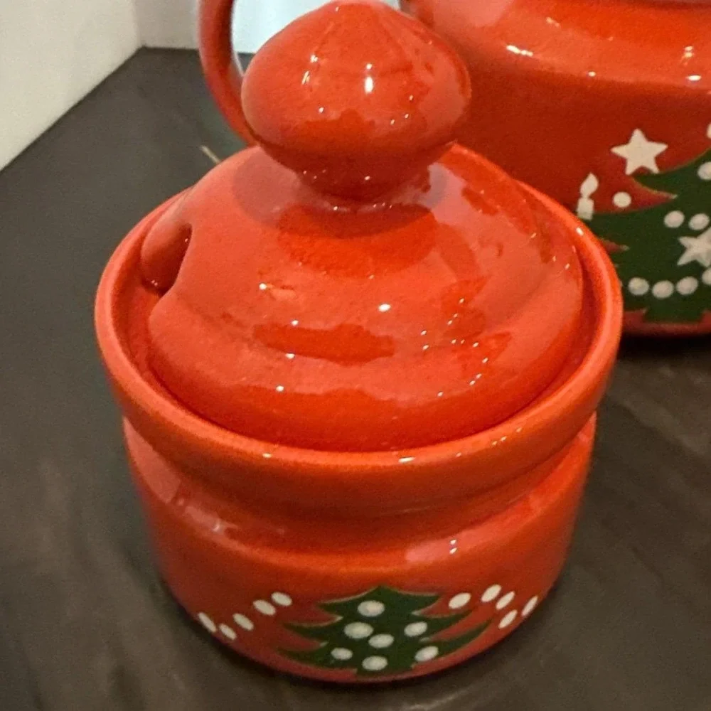 Waechtersbach Christmas Tree 5 Cup Red Ceramic Teapot Sugar Creamer Set Germany